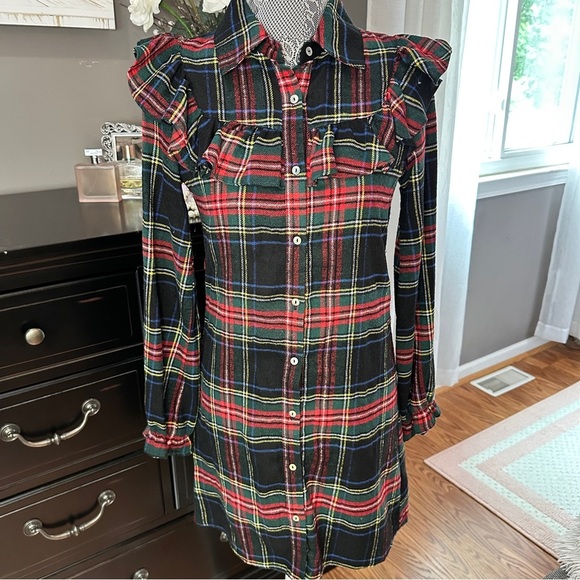 Blue Rain Ruffle Plaid Shirt Dress Size S - Picture 2 of 15